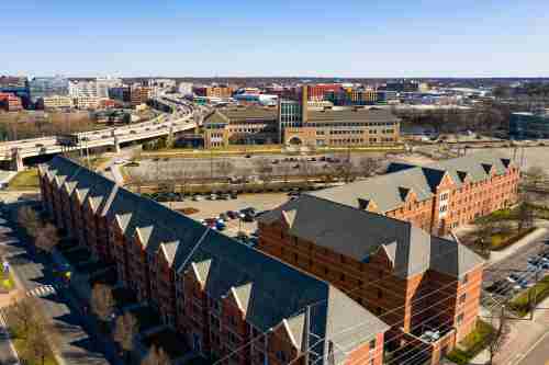 A contemporary image of Winter Hall and Secchia on the downtown campus